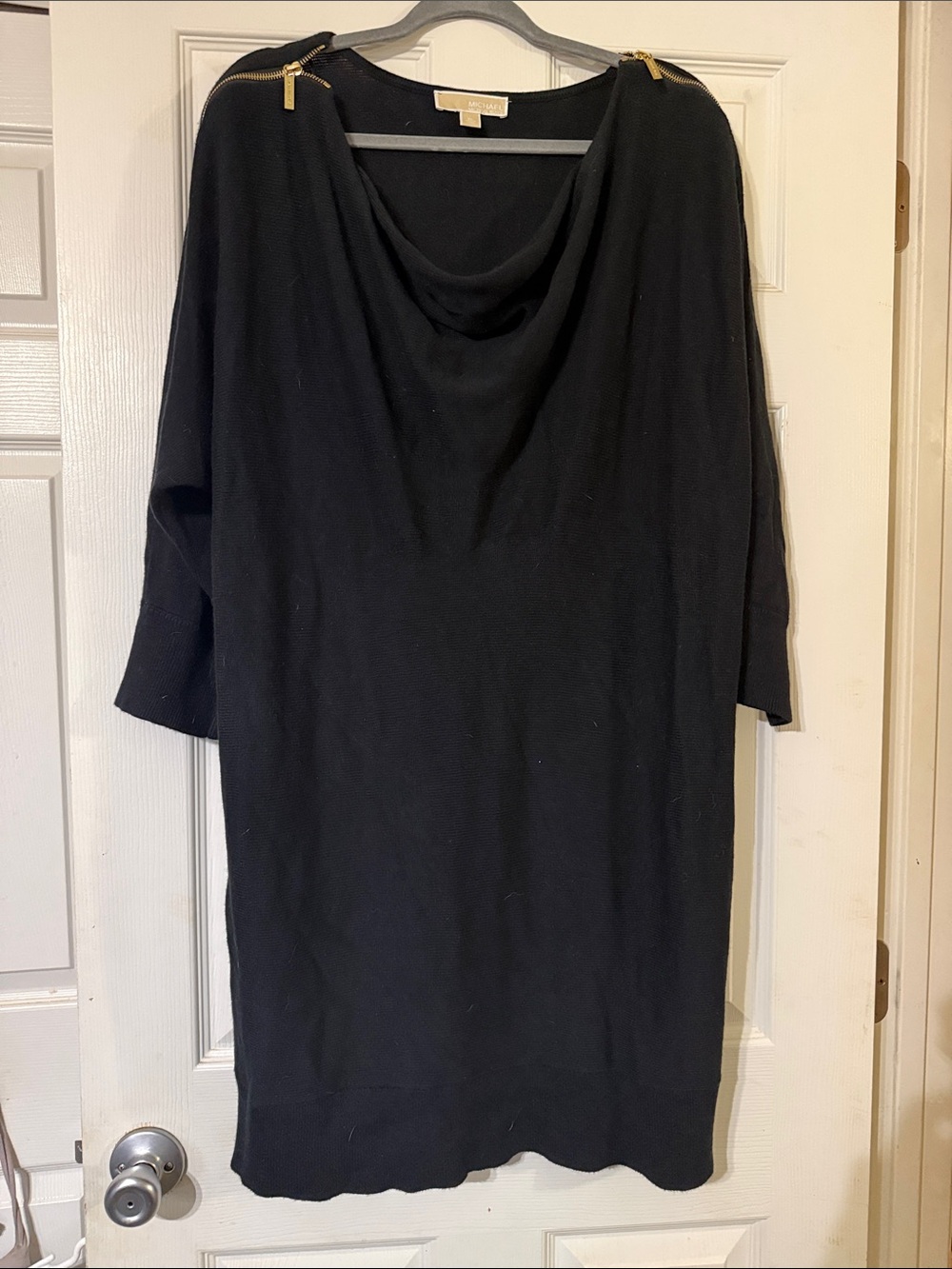 NWOT MICHAEL KORS Black Gold Zipper Shoulder Cowl Neck Dolman Sweater Dress XL